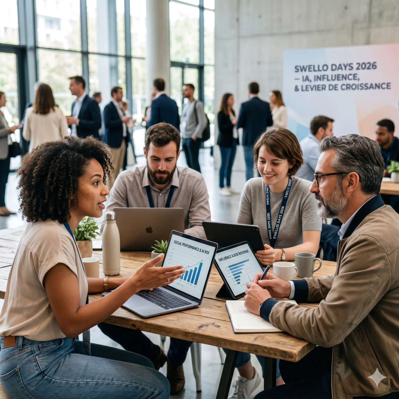 Réunion de travail sur ordinateurs lors d'un salon B2B.