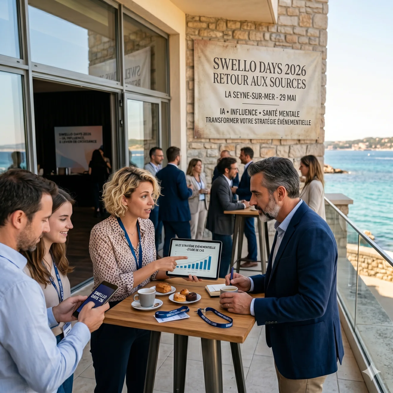 Networking de professionnels sur une terrasse face à la mer.