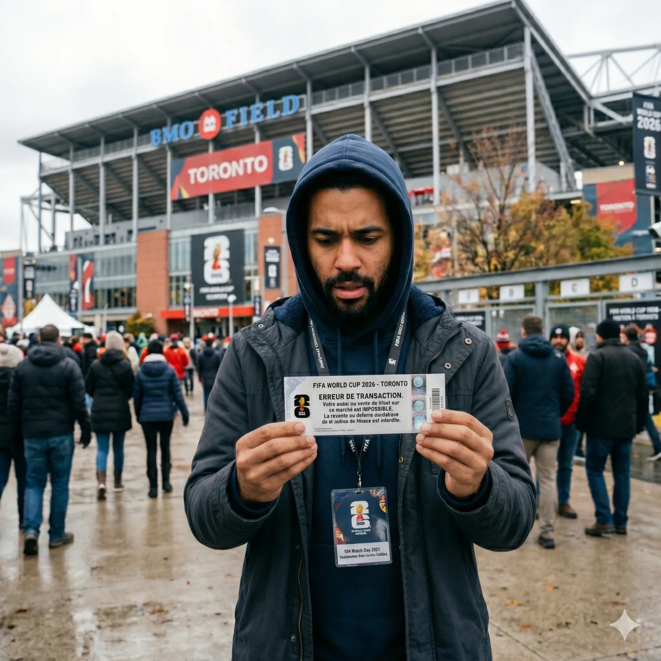 Un homme inquiet examine un billet indiquant une erreur de transaction devant le stade.