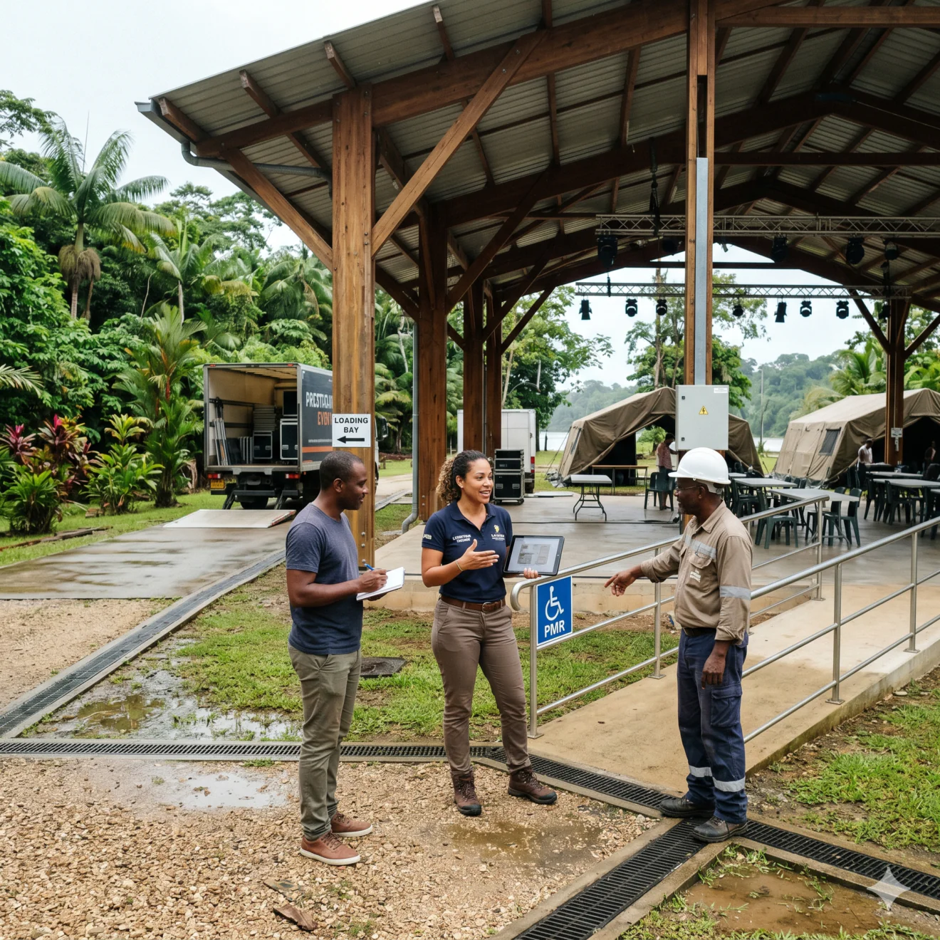 Inspection technique d'un site événementiel avec vérification d'une rampe d'accès PMR.