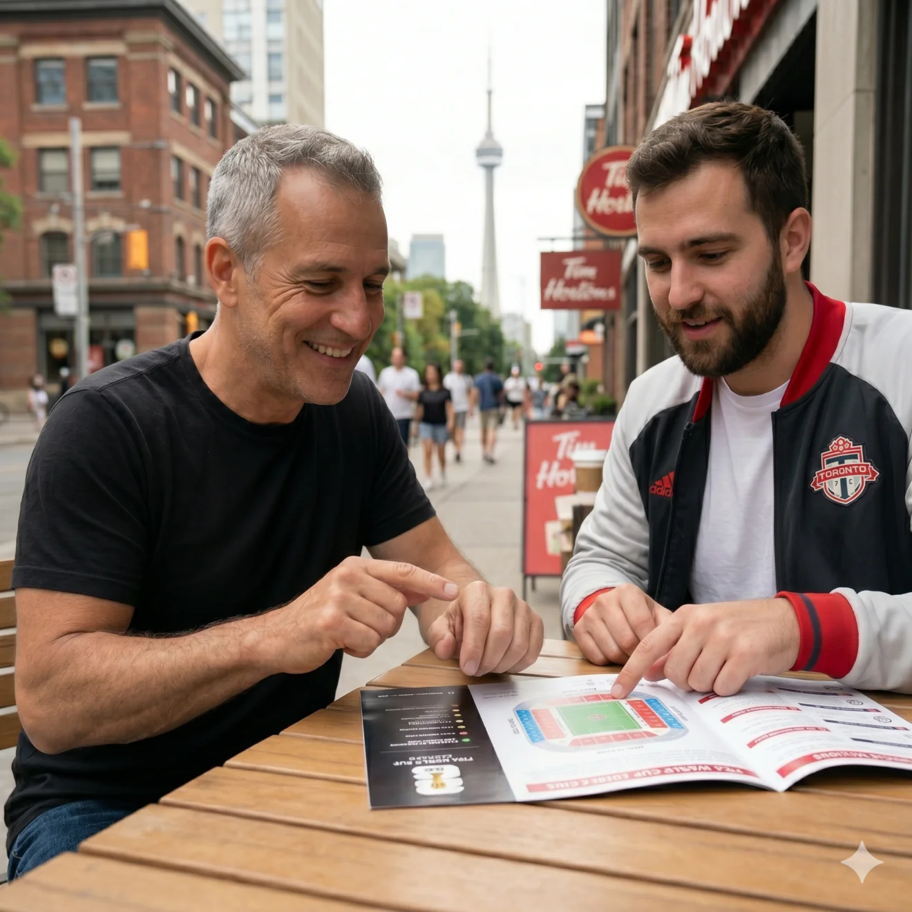 Deux supporters discutent autour d'un plan de stade à la terrasse d'un café.
