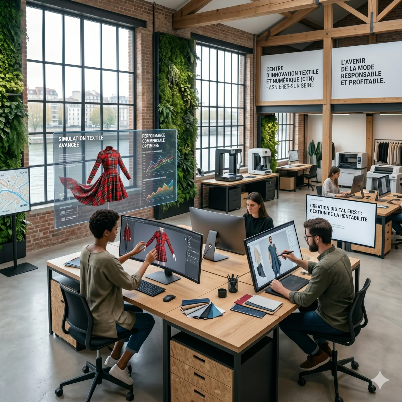 Studio de design analysant les courbes de rentabilité et les simulations textiles 3D.
