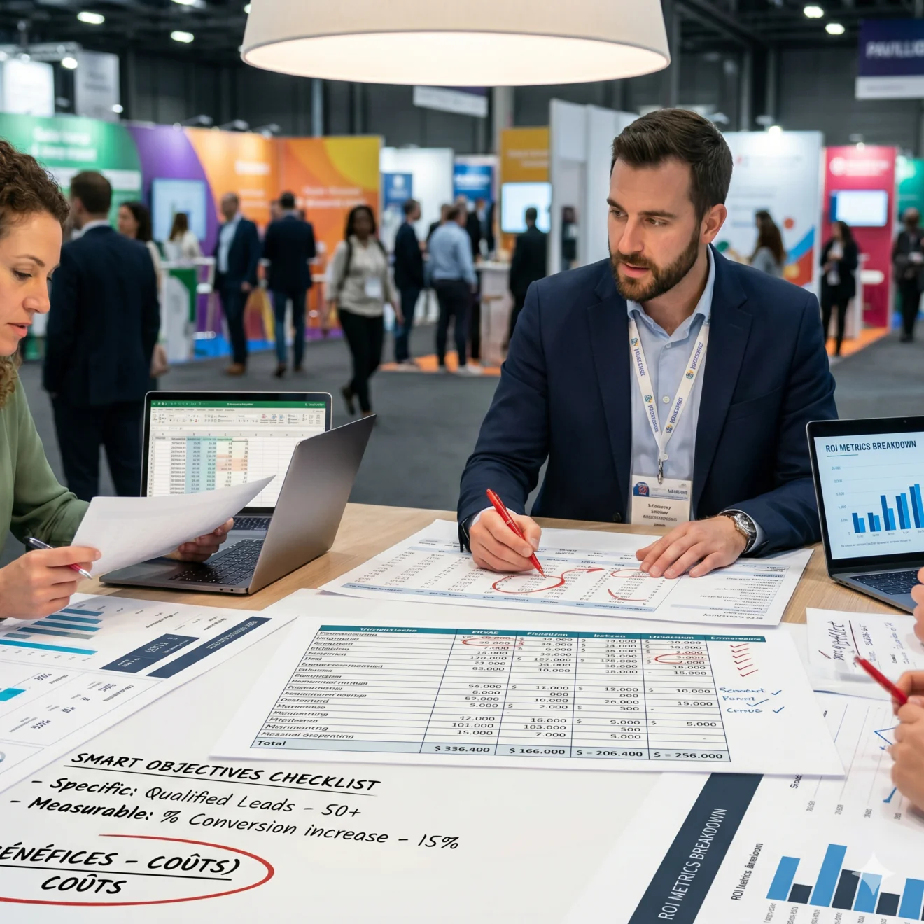 Une équipe analyse des tableaux de données financières et des objectifs de conversion sur une table de réunion.
