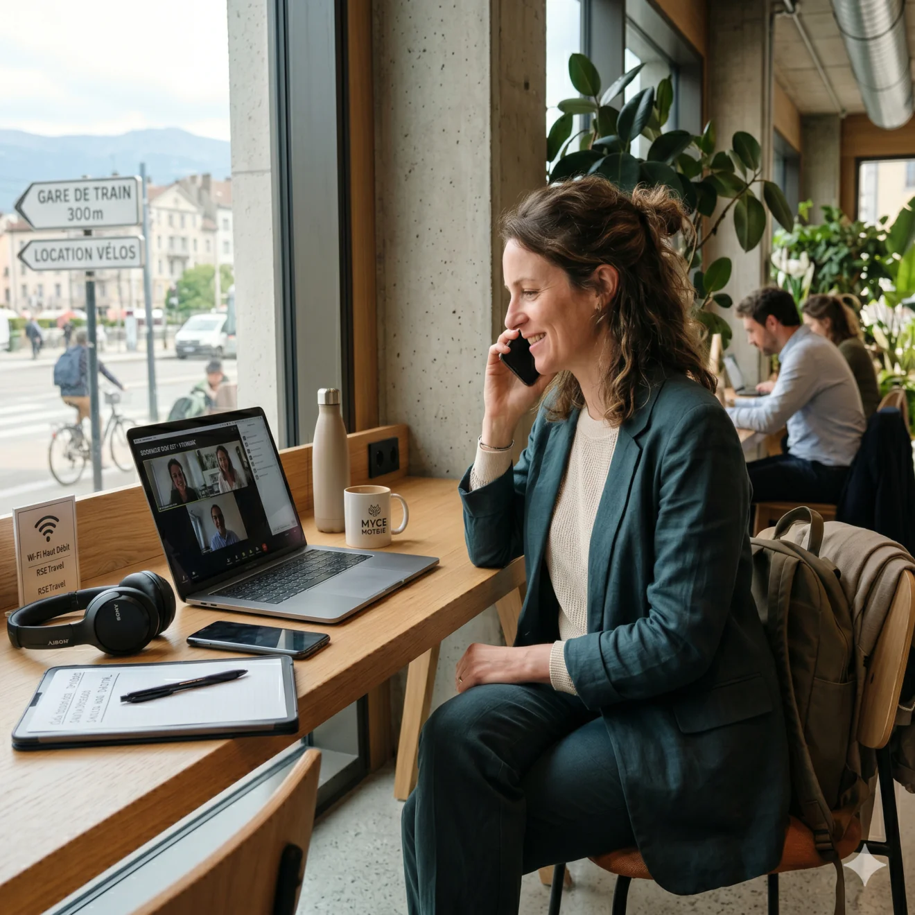 Une professionnelle en visioconférence travaille près d'une grande baie vitrée dans un espace de coworking.