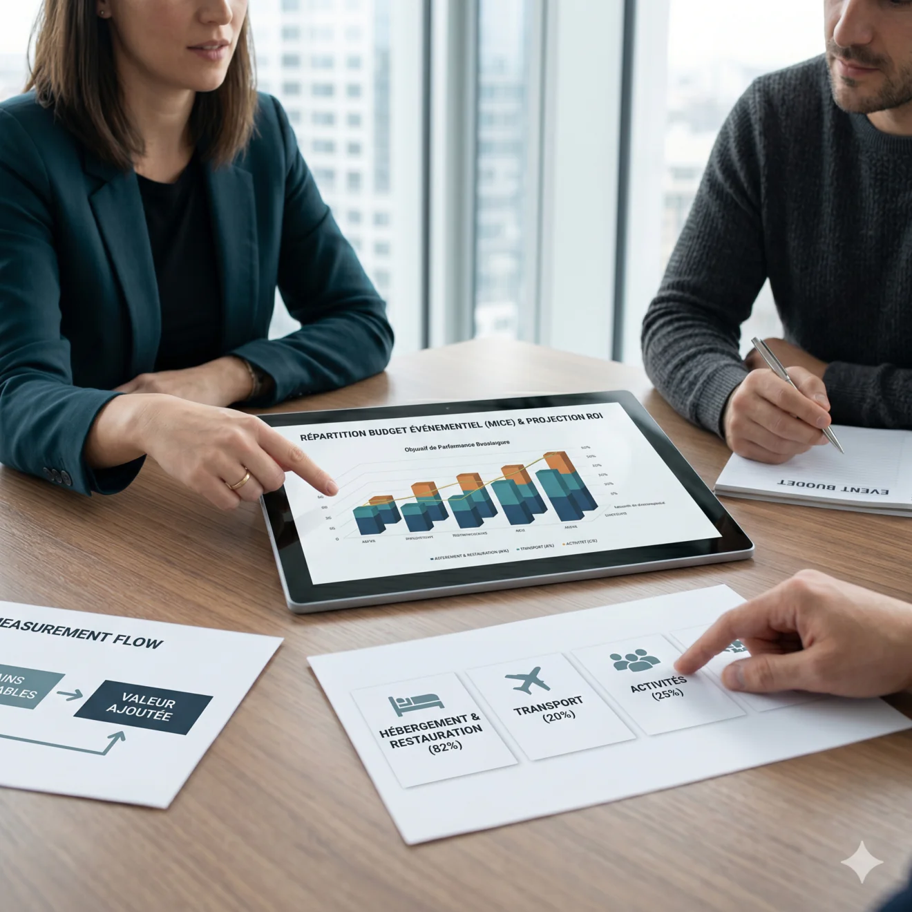 Gros plan sur une réunion de travail où une personne pointe du doigt un graphique de budget événementiel sur une tablette tactile posée sur la table.