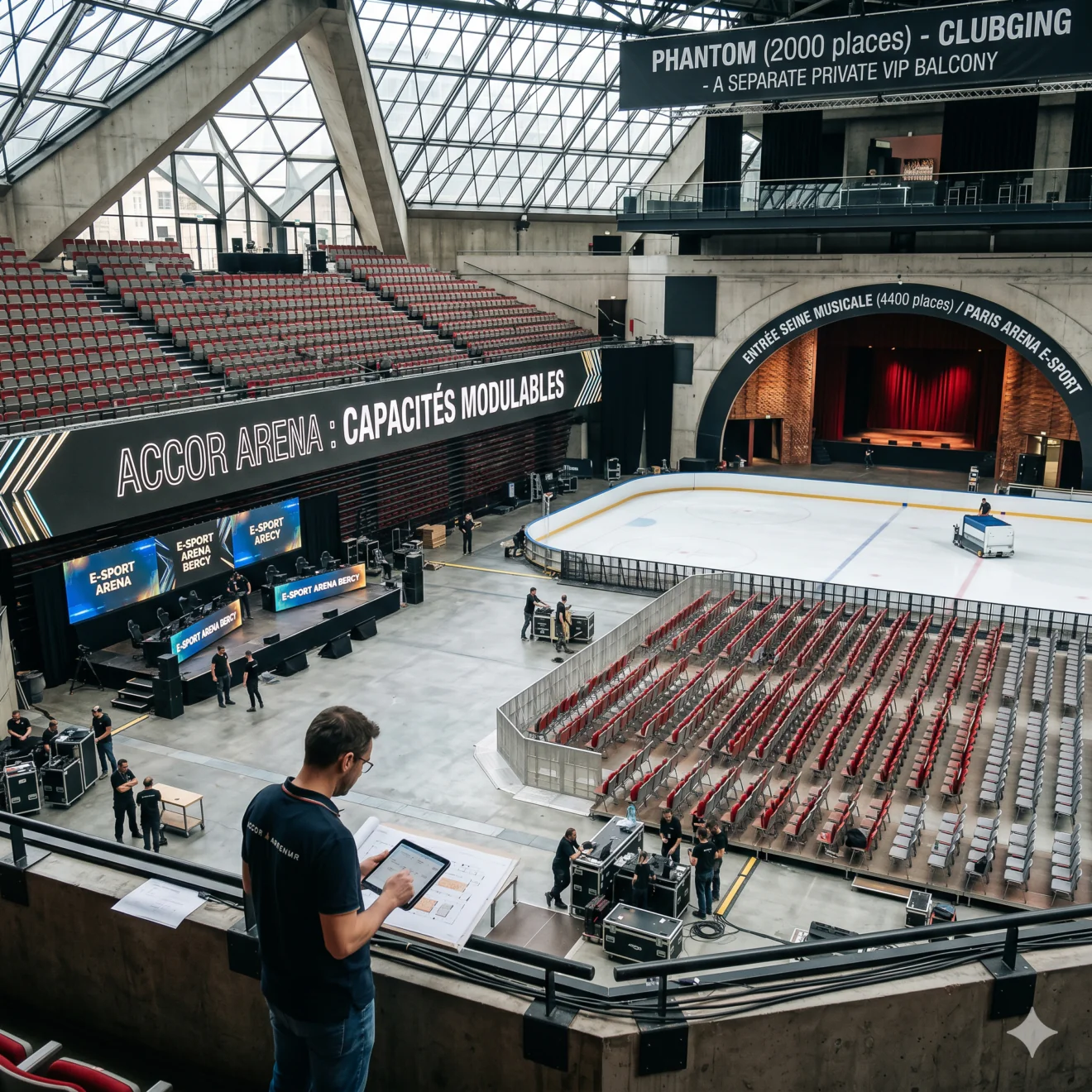 Un homme observe depuis les hauteurs la grande halle en configuration mixte, avec une patinoire, des rangées de sièges rouges et des bannières indiquant les capacités modulables.