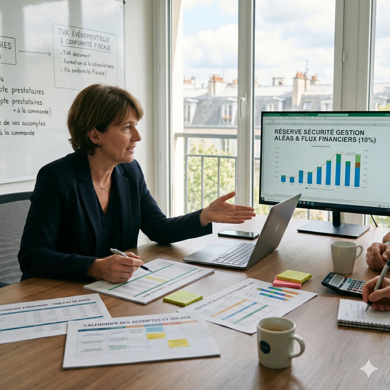 Une femme en tailleur présente des données financières et un graphique de « réserve sécurité gestion » affiché sur un grand écran d'ordinateur de bureau.