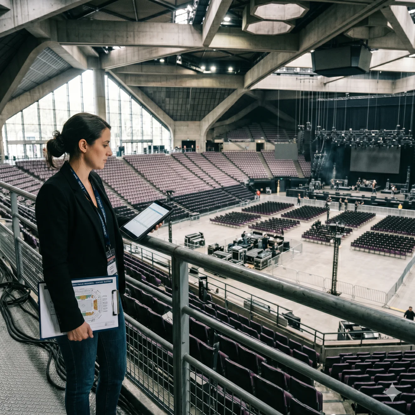 Une femme en veste noire, tenant une tablette et un plan de salle, surplombe les gradins violets et la fosse vide en cours d'installation pour un concert.