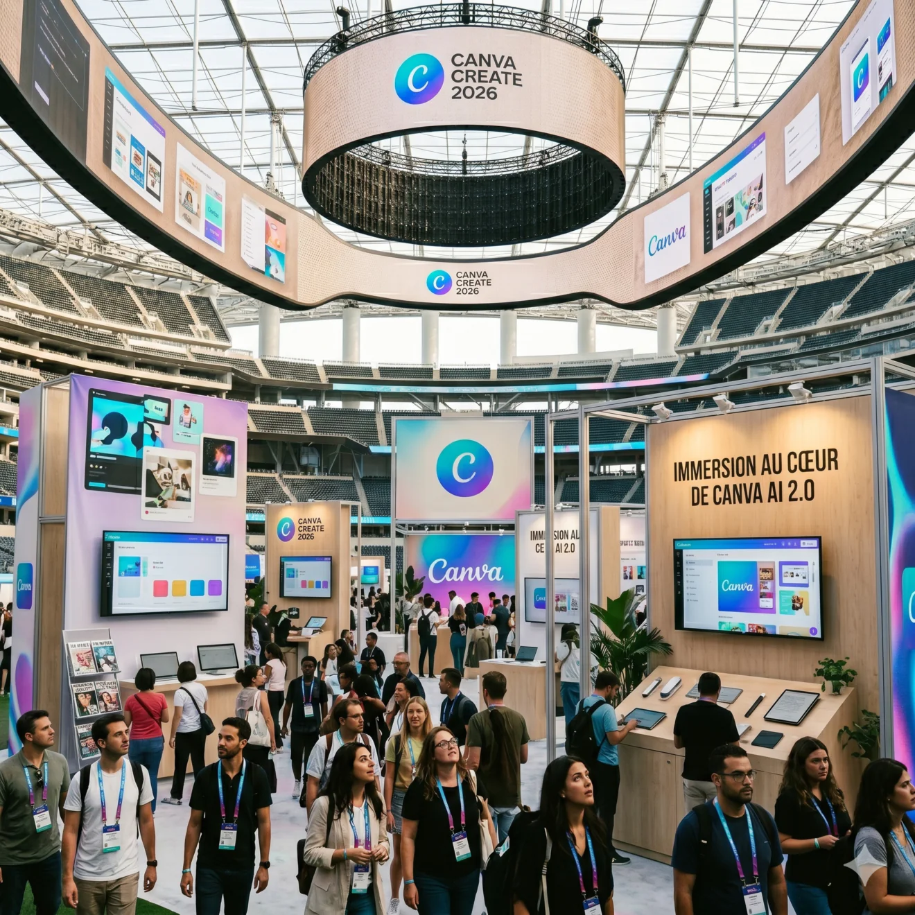 Vue intérieure du SoFi Stadium transformé en salon Canva Create 2026, avec stands en bois, écrans géants et foule de participants.