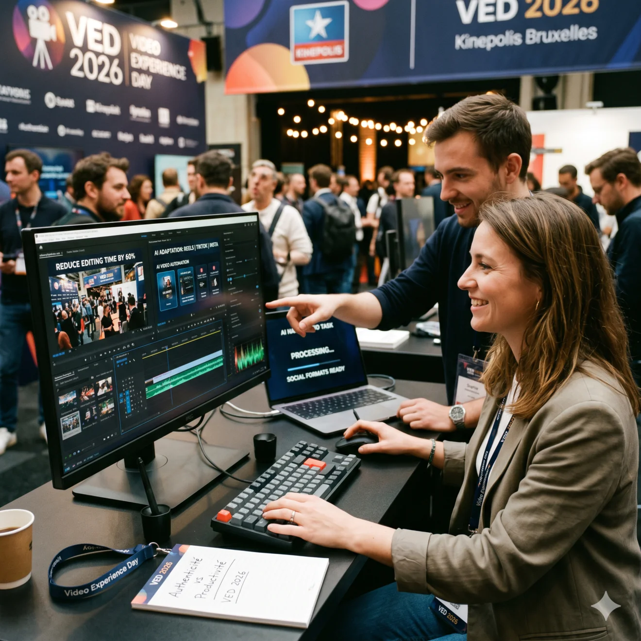 Un duo de monteurs teste un logiciel vidéo dopé à l'IA lors du salon VED 2026.