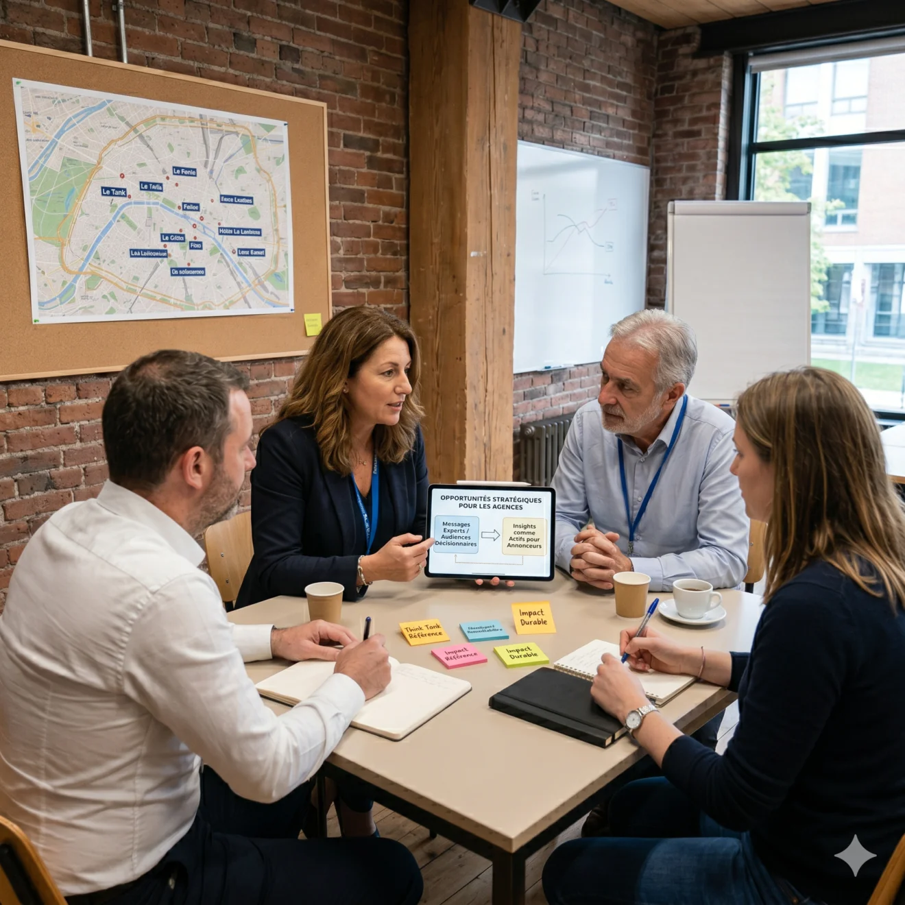 Quatre professionnels réunis autour d'une table, concentrés sur une tablette présentant des opportunités stratégiques pour les agences.