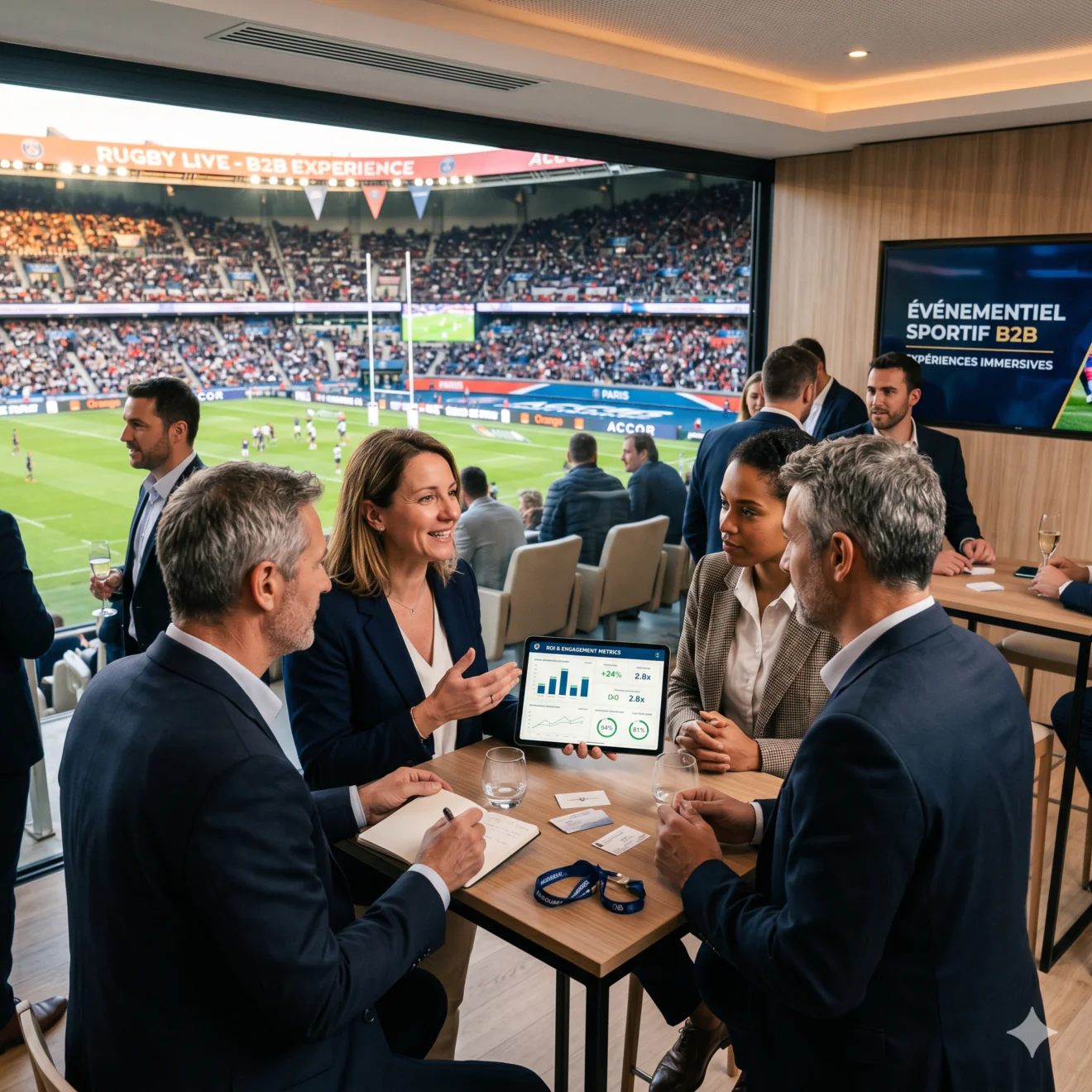 Un groupe de professionnels en costume discute dans une loge premium avec vue panoramique sur un match de rugby en direct dans un grand stade.