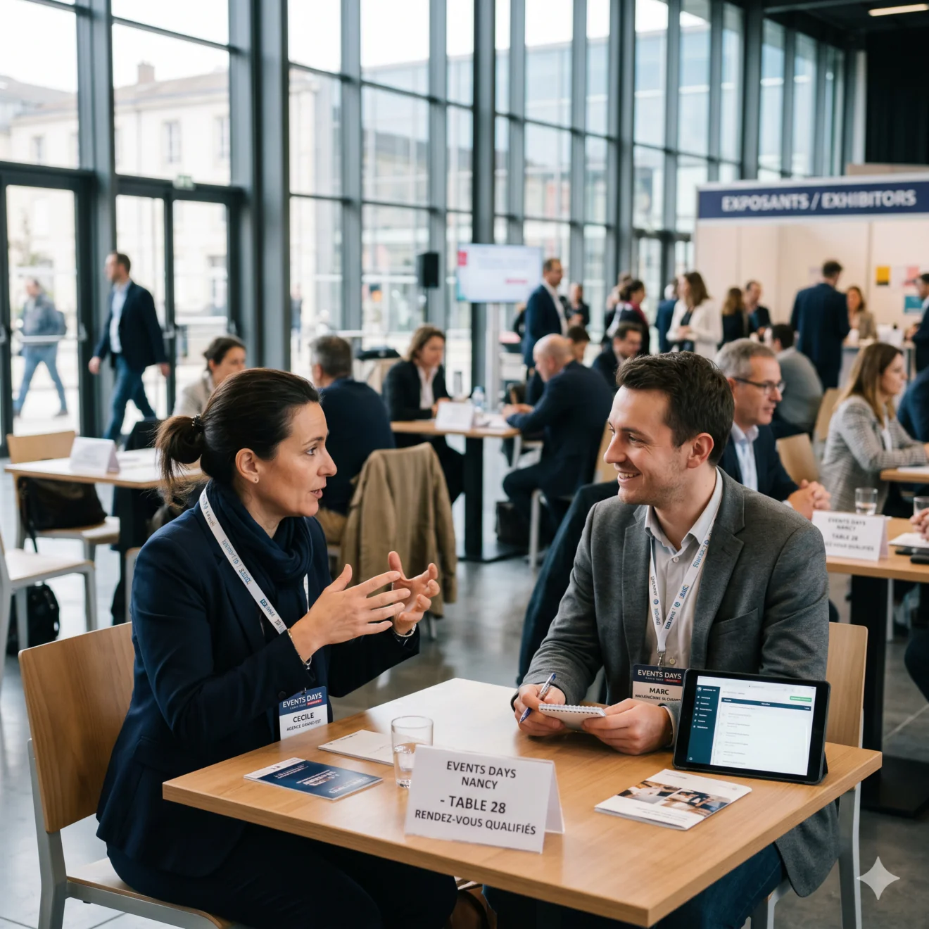 Un binôme professionnel échange activement autour d'une table numérotée dans un salon d'affaires lumineux.