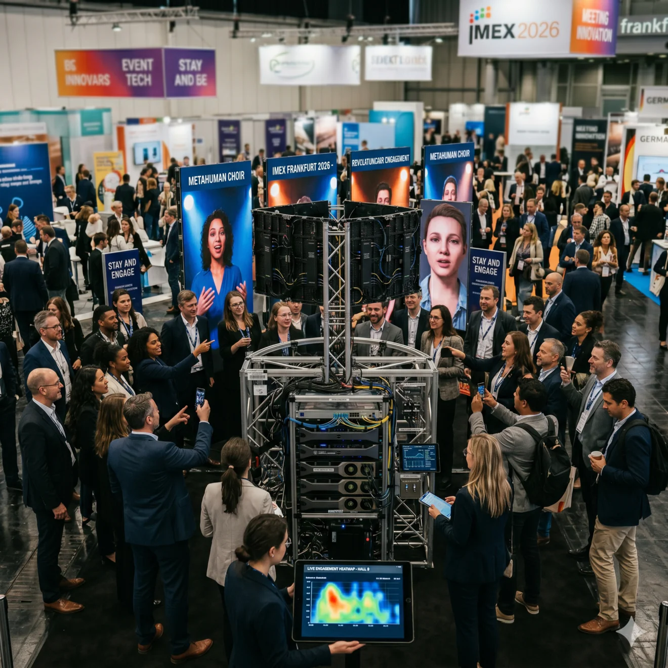 Vue en plongée du stand bondé à l'IMEX 2026, montrant la foule captivée autour de l'infrastructure technique centrale et des quatre grands écrans LED affichant les avatars MetaHuman.
