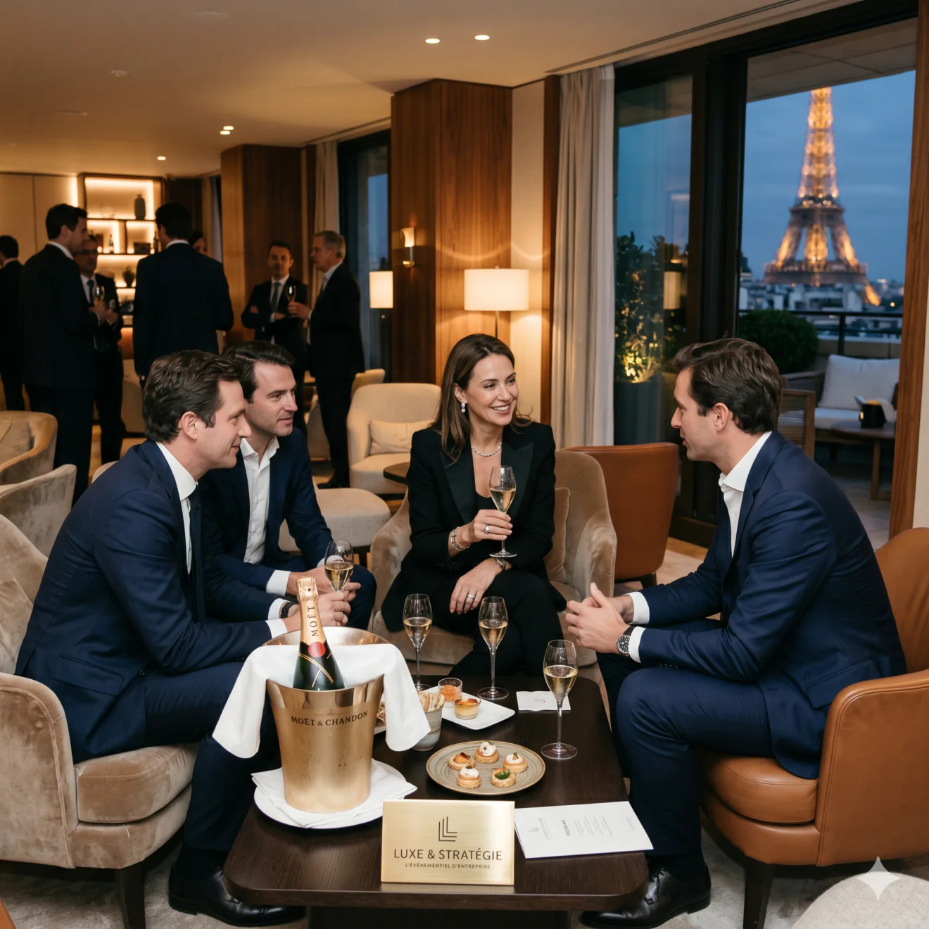 Échange professionnel autour d'une bouteille de champagne Moët & Chandon dans un salon moderne avec vue nocturne sur la tour Eiffel.