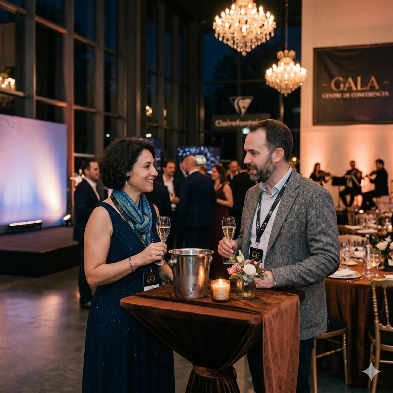 Un homme et une femme en tenue de soirée discutent avec une coupe de champagne lors d'un gala chic.