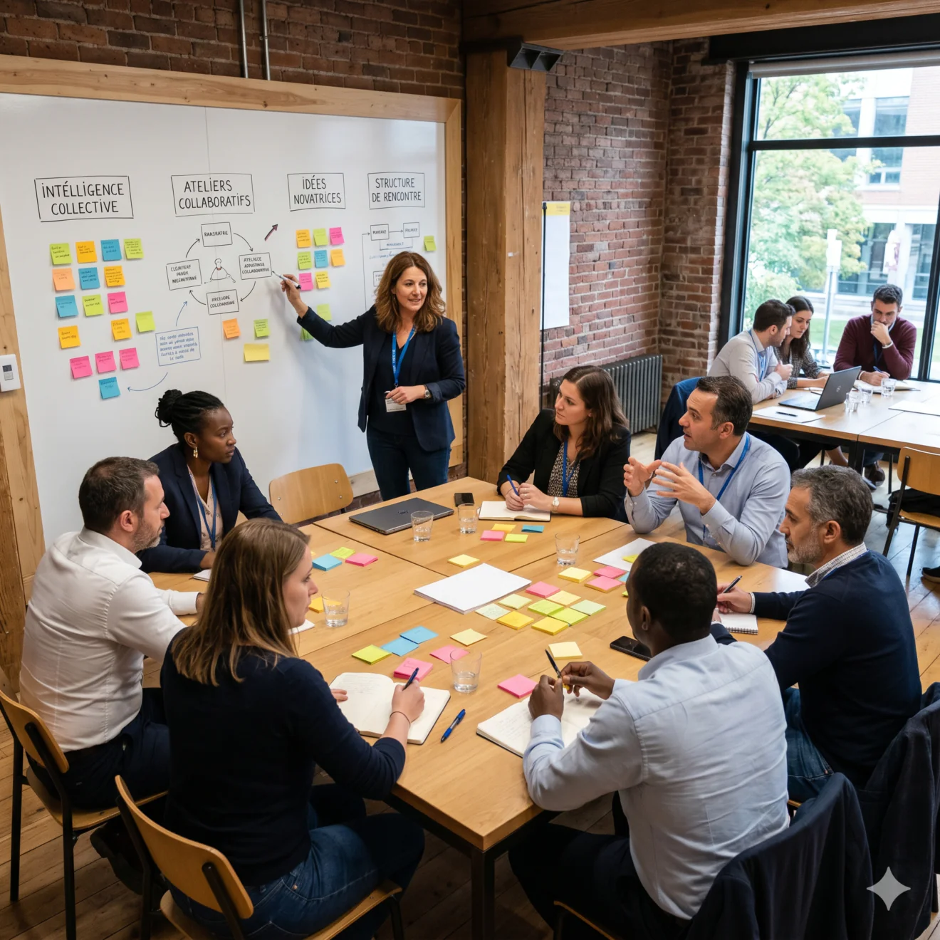 Une facilitatrice anime un atelier collaboratif interactif devant un grand groupe assis et un tableau blanc couvert de post-its.