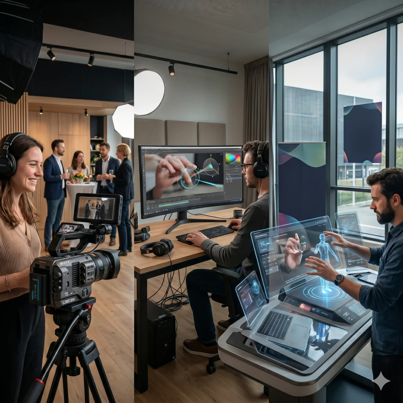 Trois panneaux illustrant la captation live, le montage classique et l'intégration de l'IA vidéo.
