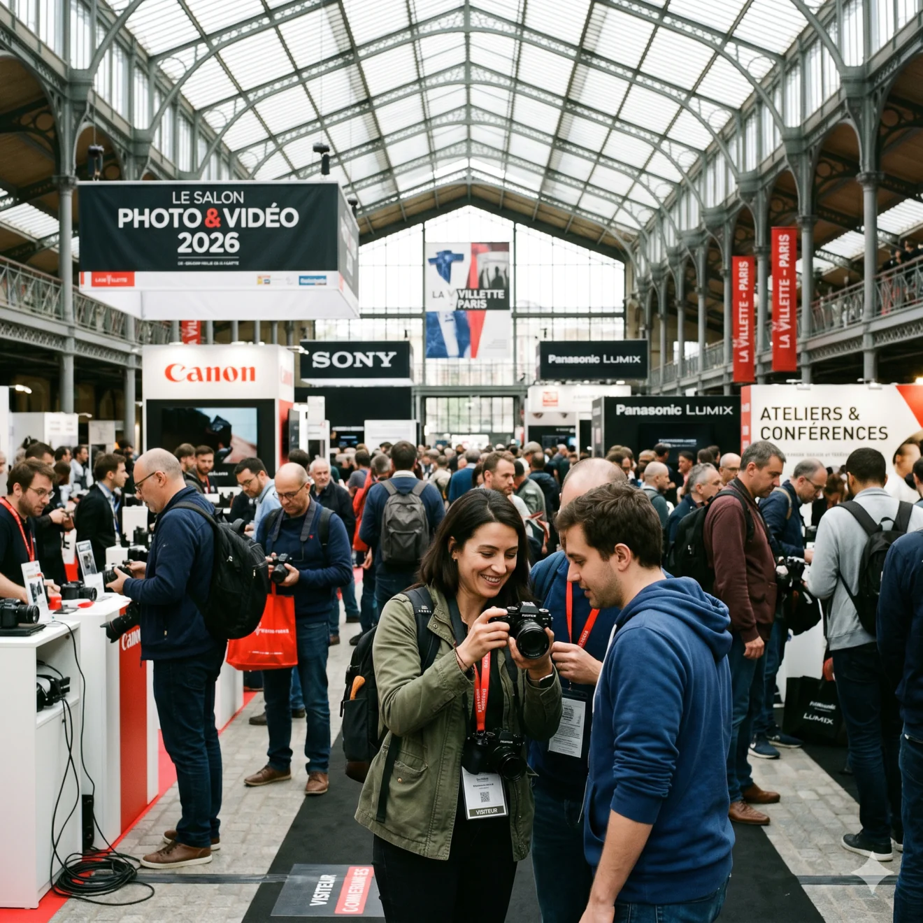 Une femme et un homme souriants examinent un appareil photo au milieu de la foule du Salon Photo & Vidéo 2026 à la Grande Halle de la Villette.