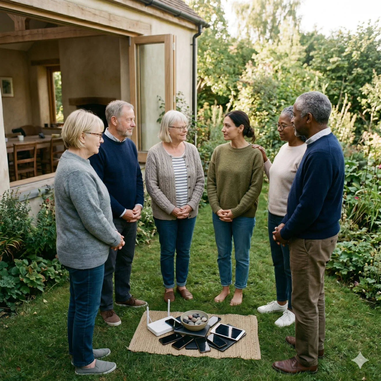 Équipe réunie en cercle dans un jardin autour d'un dépôt de smartphones éteints.