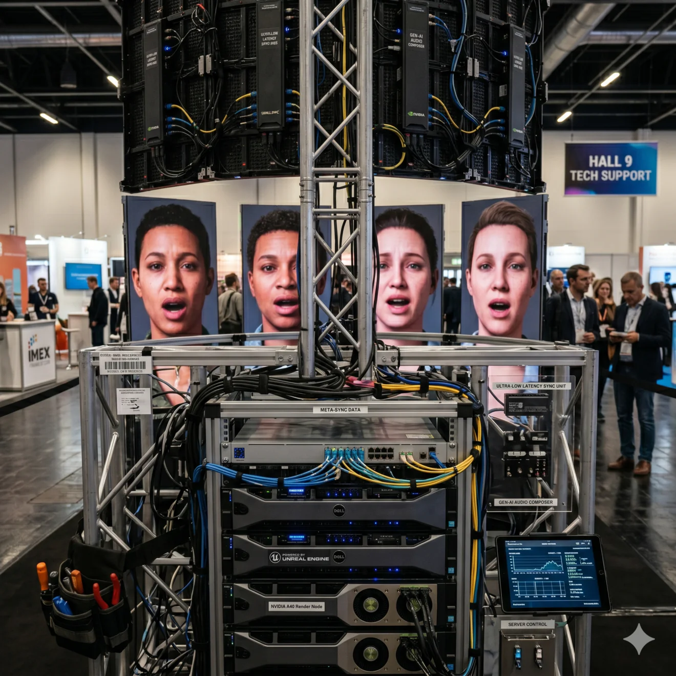 Gros plan sur la baie informatique et les serveurs puissants (Unreal Engine, Nvidia) installés au pied des quatre écrans géants où s'affichent les visages réalistes des choristes virtuels.