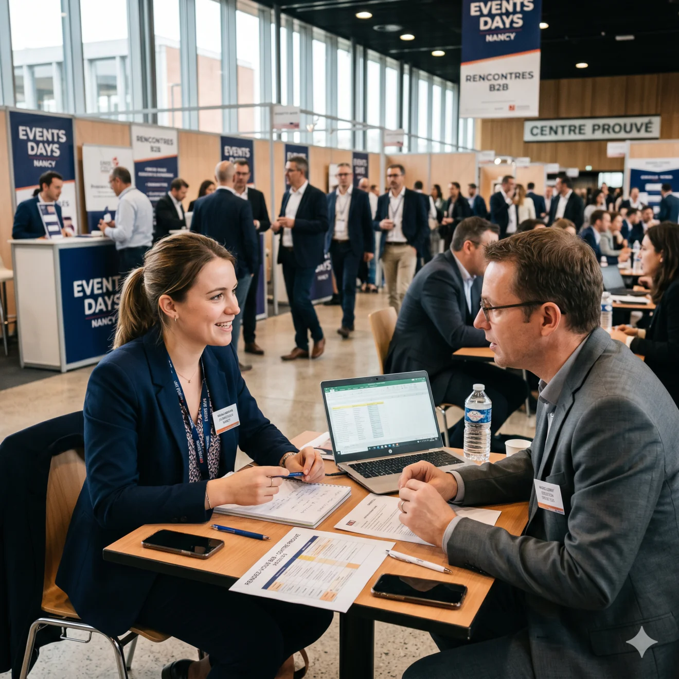 Deux professionnels collaborent autour de documents et d'un ordinateur dans un grand hall d'exposition B2B.