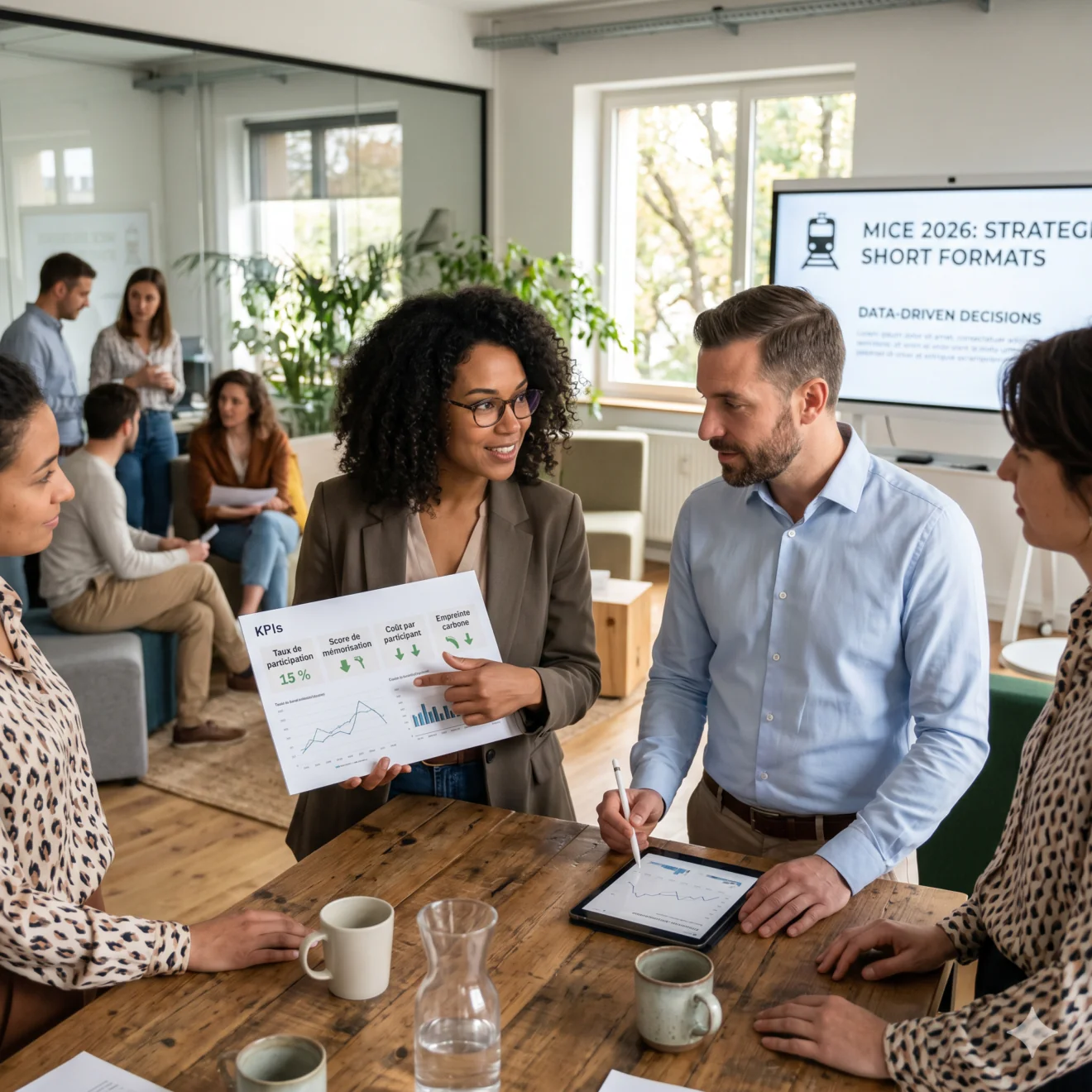 Réunion d'équipe en entreprise analysant des indicateurs de performance et d'empreinte carbone.