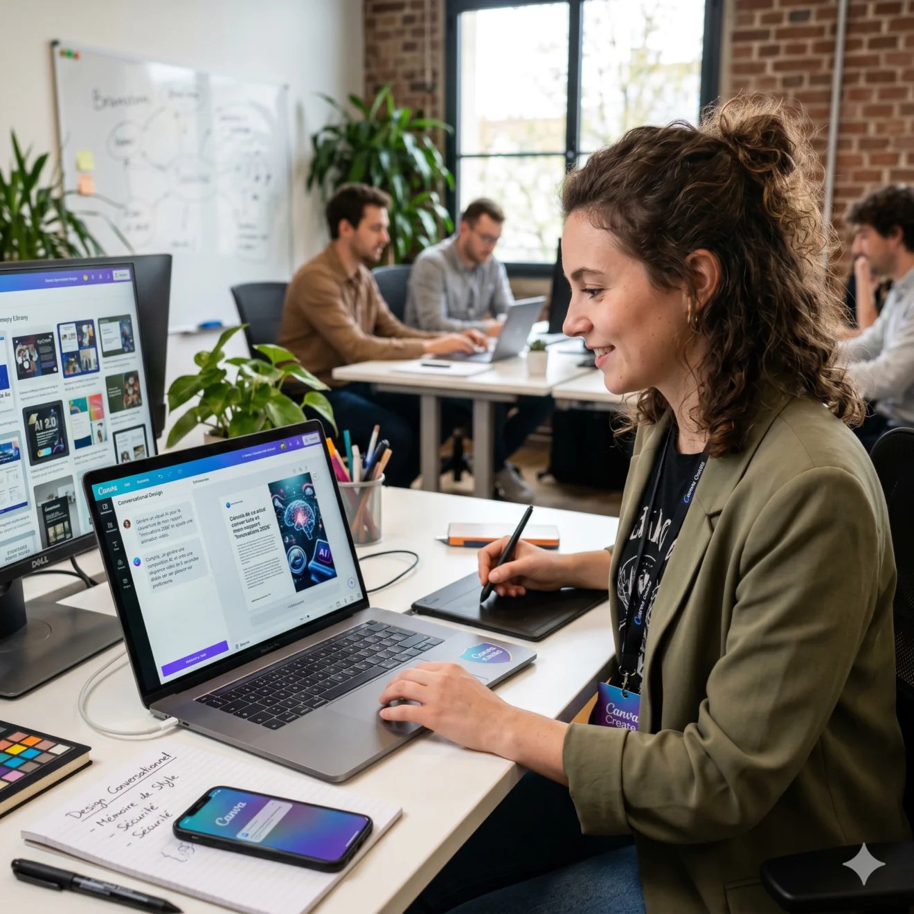 Jeune femme souriante en espace de coworking, créant sur son ordinateur avec l'interface IA et design conversationnel de Canva.