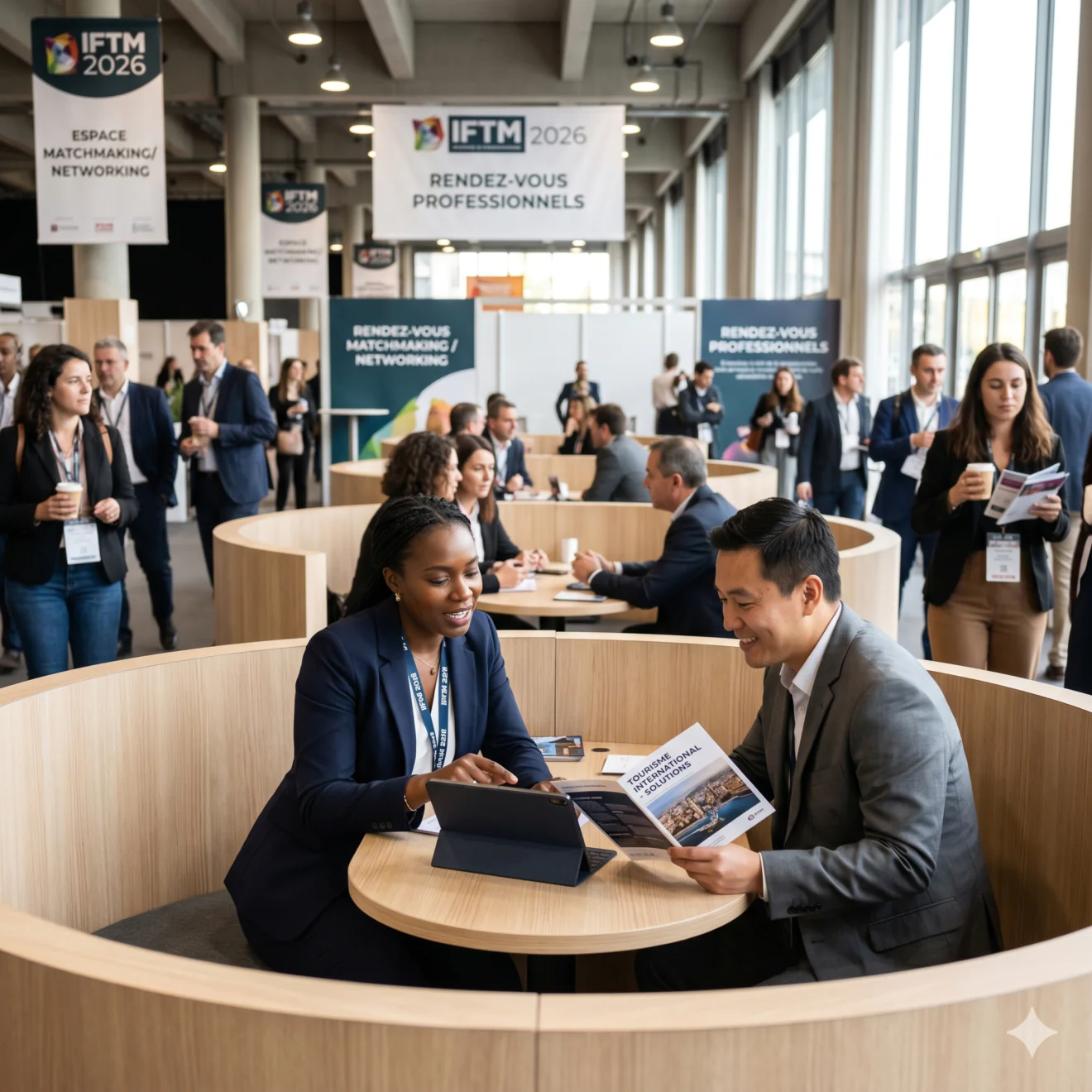 Un binôme échangeant autour d'une tablette et d'une brochure dans un box de networking arrondi.