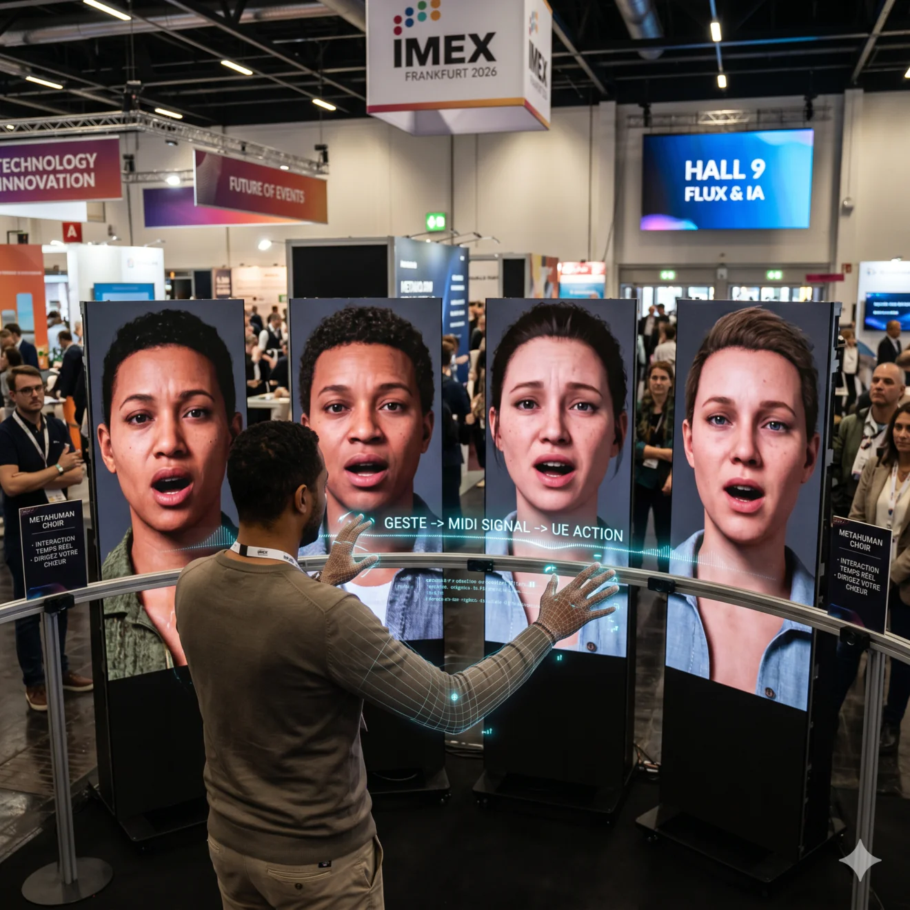 Un visiteur de dos dirige le chœur numérique avec des gestes de la main détectés en temps réel, face aux quatre écrans LED de trois mètres de haut affichant les avatars interactifs.