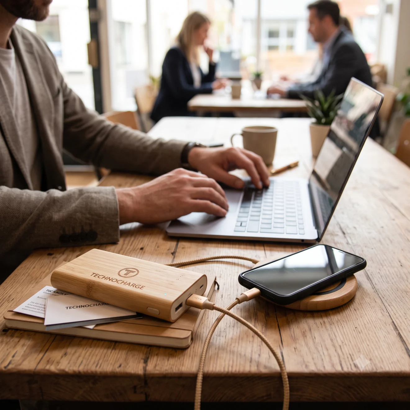 Batterie externe et chargeur en bambou sur une table de travai