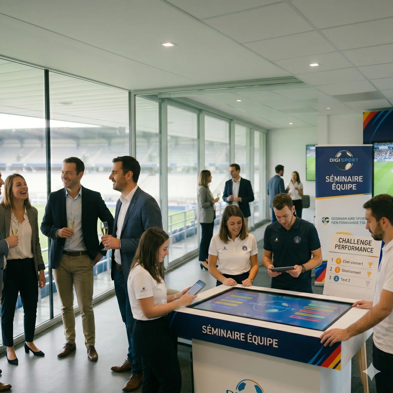 Des collaborateurs en tenue décontractée participent à un séminaire d'entreprise autour d'une borne tactile interactive "Digi Sport" face au terrain d'un stade.