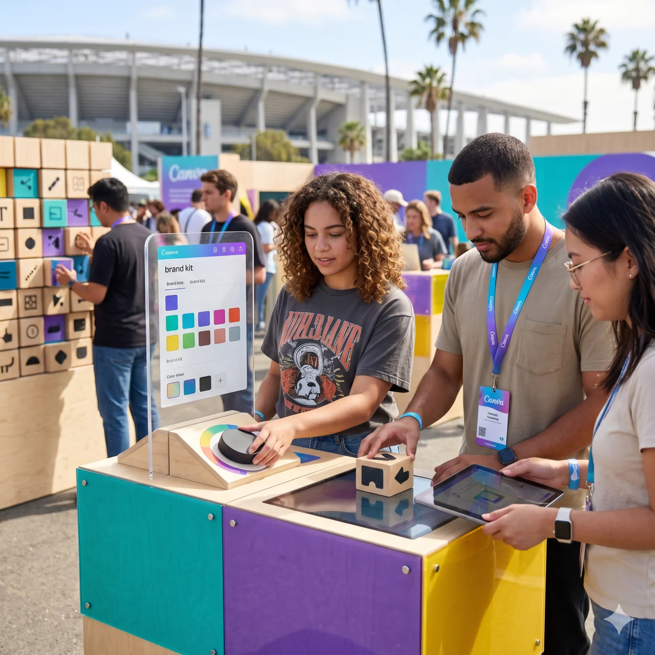 Participants testant un stand interactif en bois pour manipuler physiquement les palettes de couleurs Canva, devant un stade en plein air.