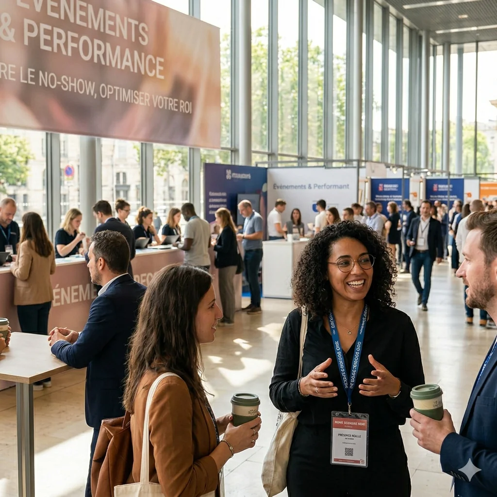 Des professionnels discutent de manière décontractée dans le hall d'un salon d'exposition animé, avec un grand panneau suspendu affichant « Événements & Performance ».