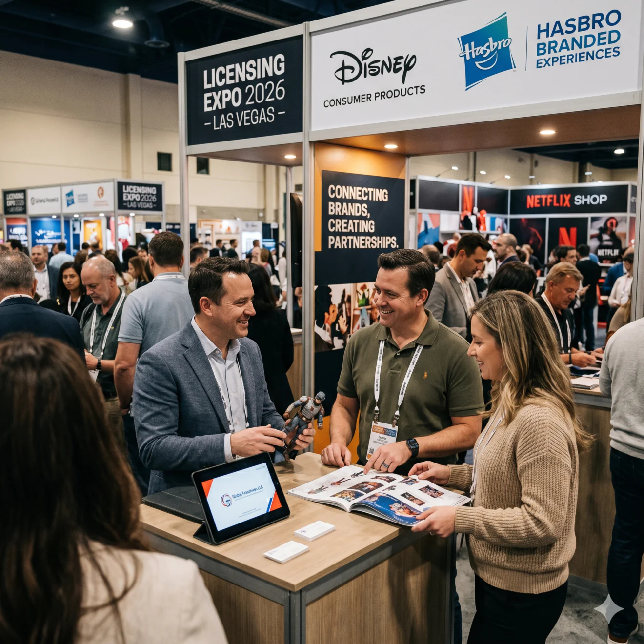 Un groupe de professionnels échange autour d'un comptoir en feuilletant un catalogue sur un stand officiel de la Licensing Expo 2026, sous des enseignes Disney et Hasbro.