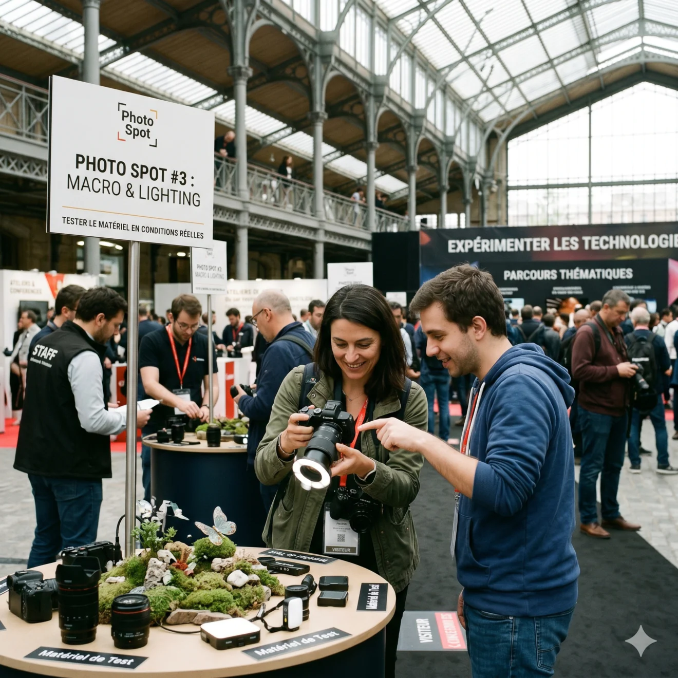 Un homme montre du doigt l'objectif d'un appareil équipé d'un anneau lumineux, tenu par une femme devant un stand d'atelier de macrophotographie.