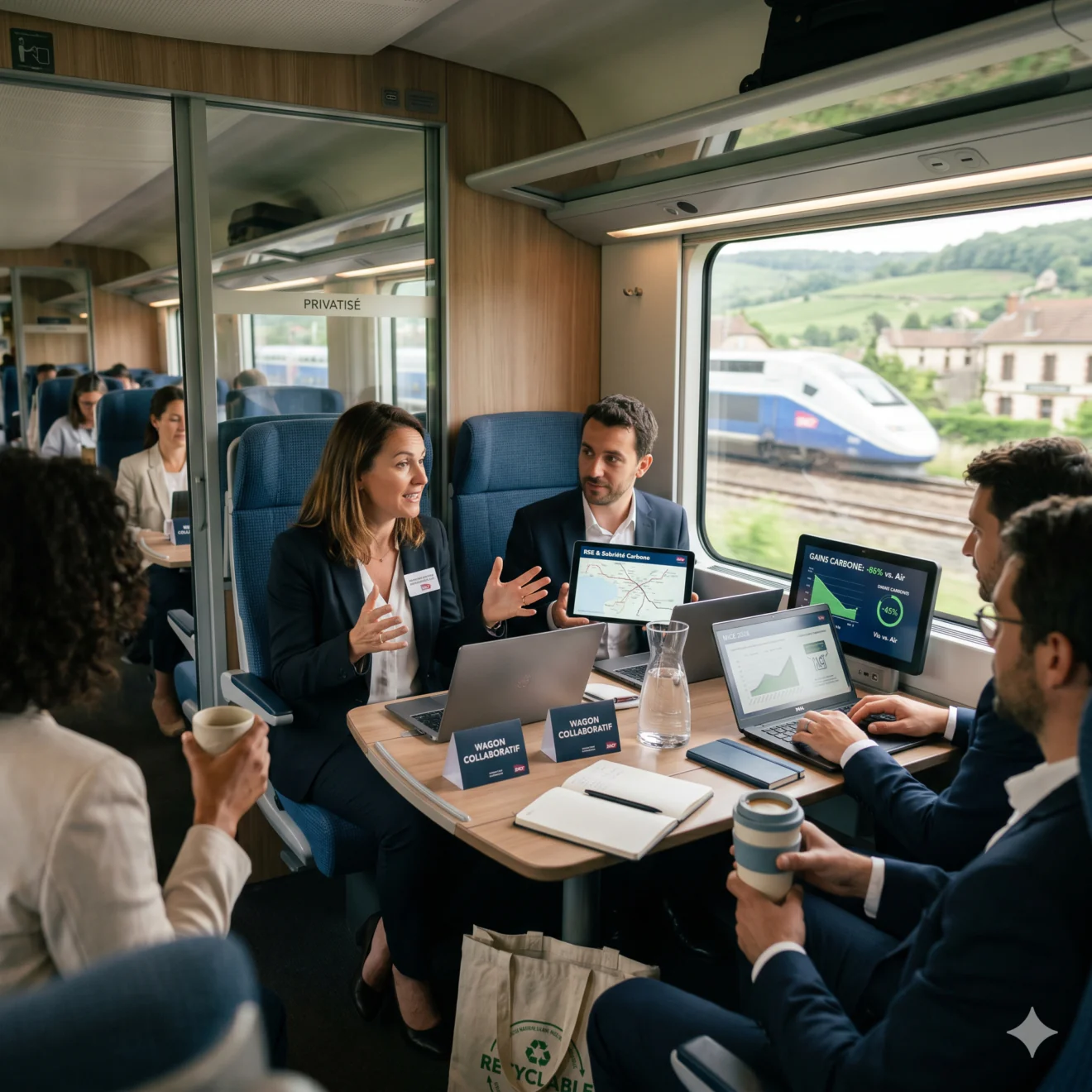 Collaborateurs en session de travail et briefing dans un wagon de train privatisé.