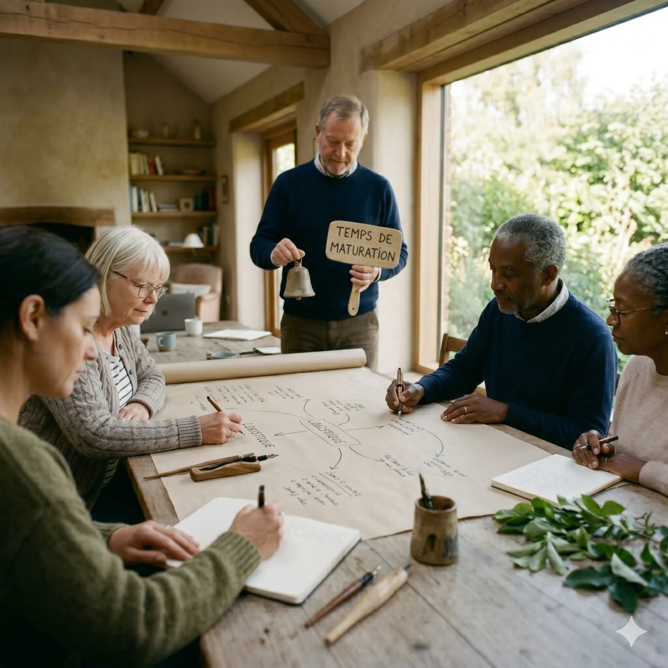 Groupe travaillant sur un plan en papier pendant qu'un facilitateur lève une pancarte de transition.
