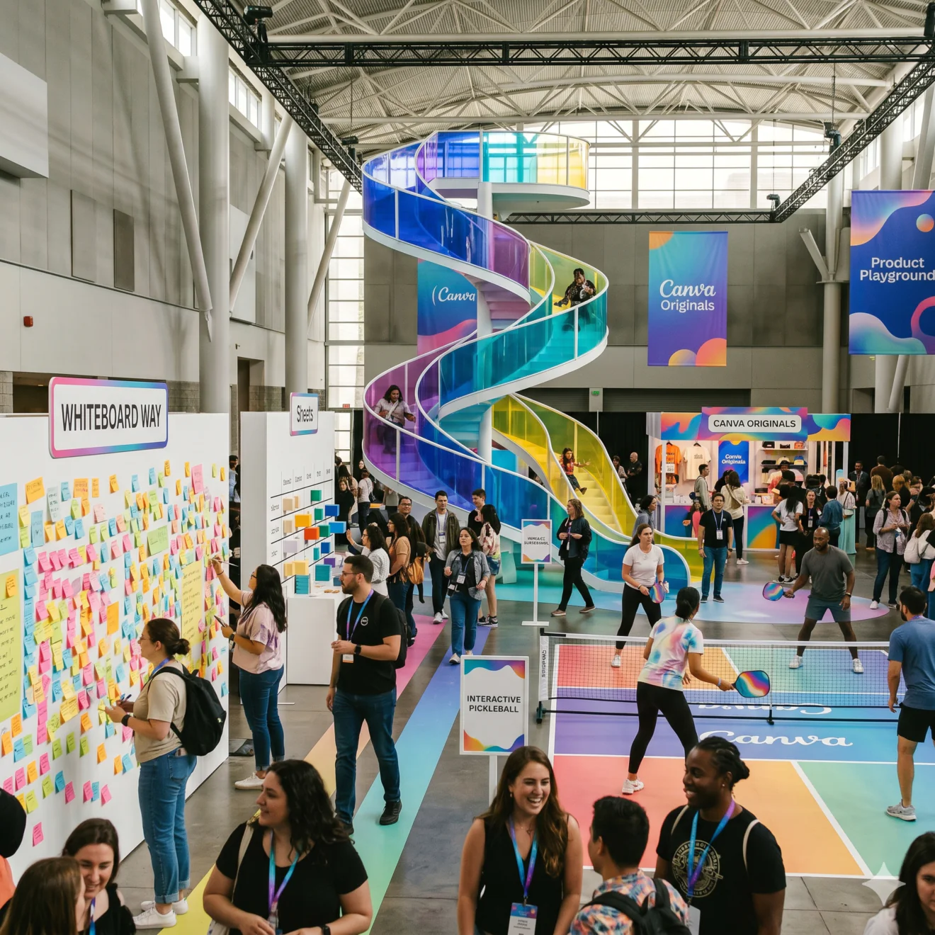 Hall d'exposition Canva avec un toboggan géant multicolore, un terrain de pickleball et un mur collaboratif couvert de post-it.