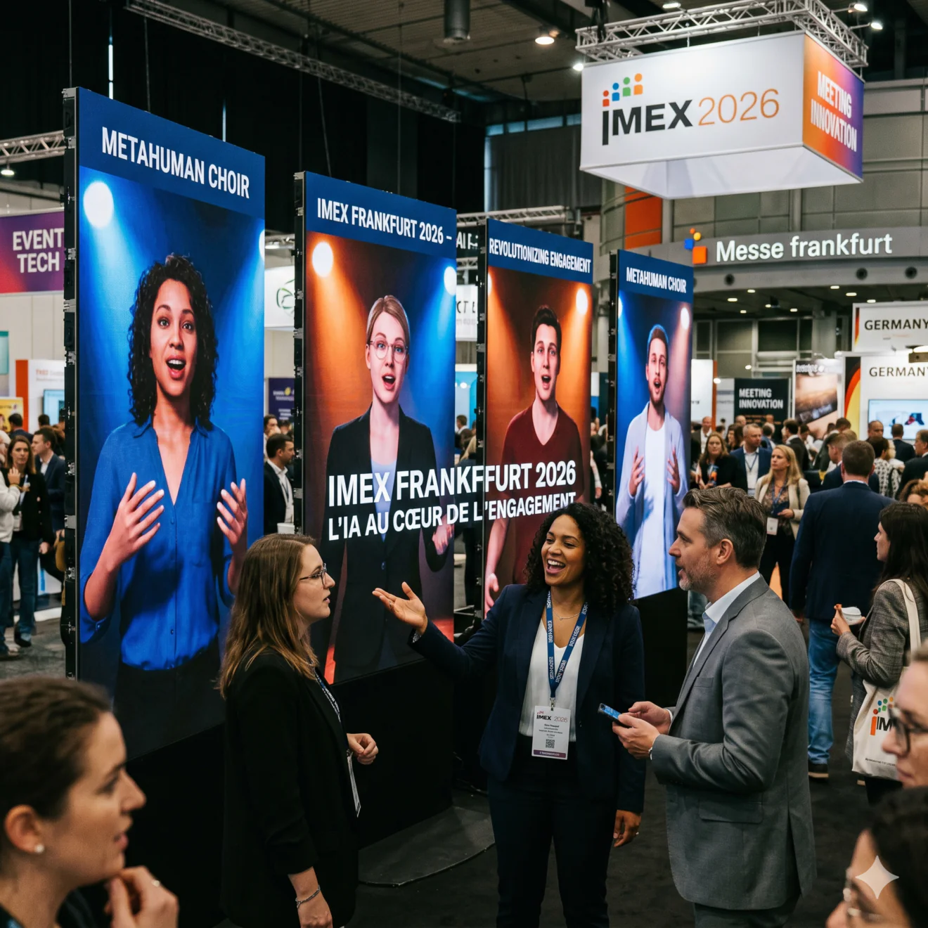 Des professionnels de l'événementiel discutent et sourient chaleureusement devant l'installation du MetaHuman Choir au salon IMEX Frankfurt 2026.
