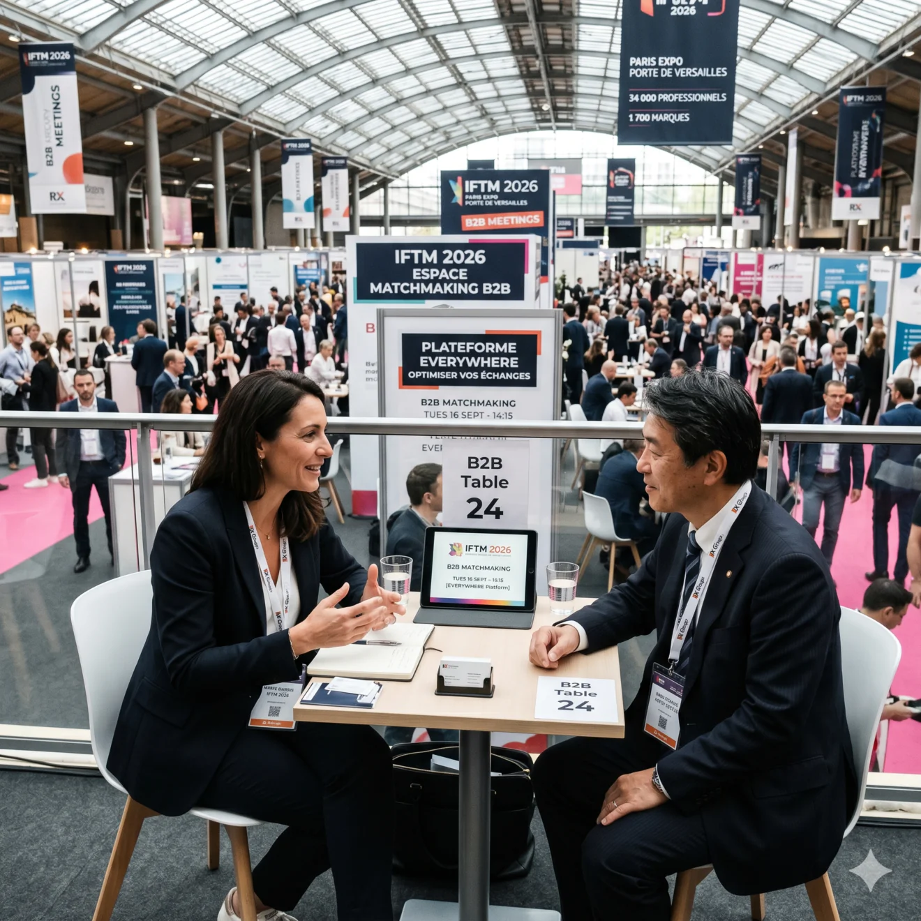 Deux professionnels en pleine discussion d'affaires, assis face à face à une table de matchmaking B2B.