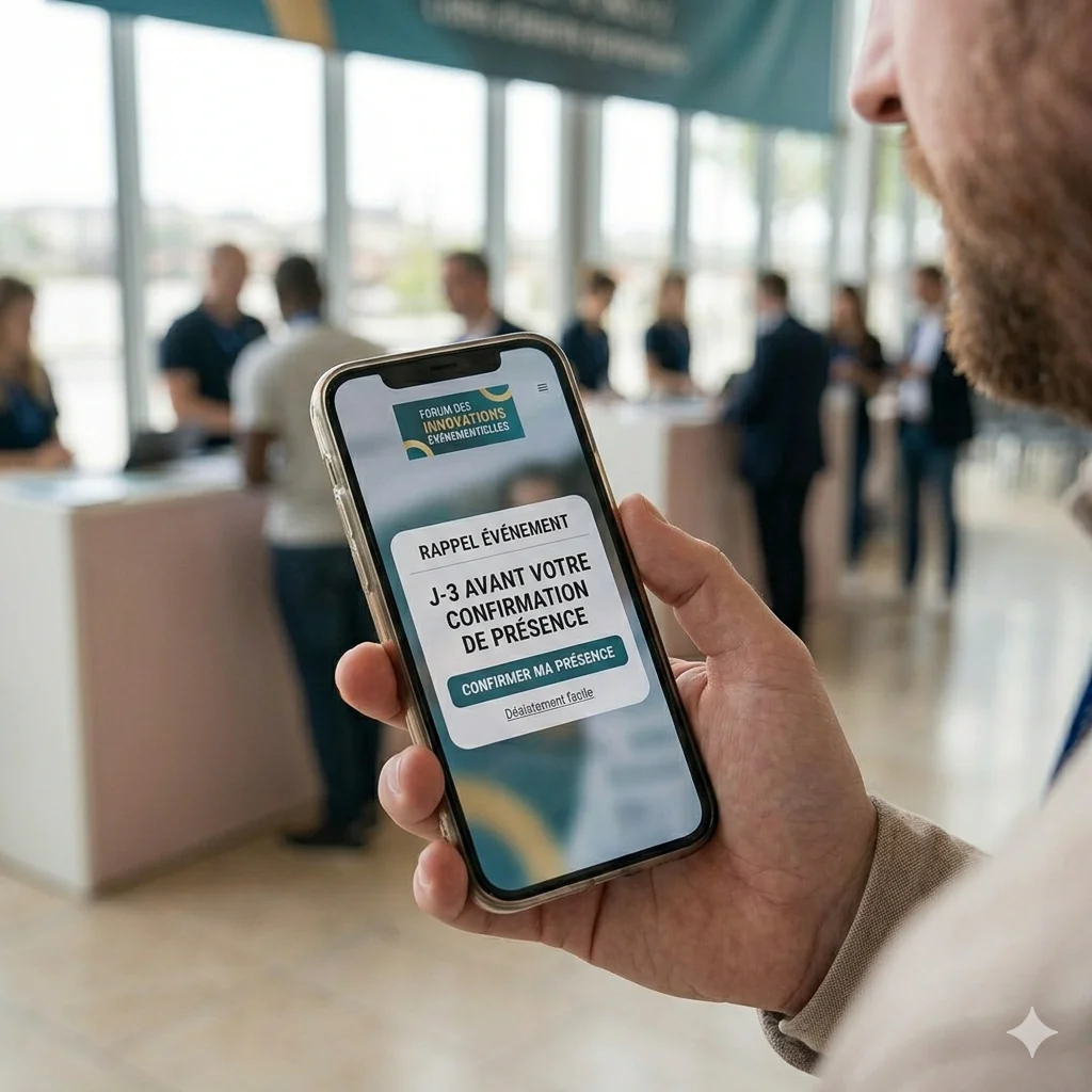Un gros plan sur la main d'une personne tenant un smartphone qui affiche une notification de rappel d'événement indiquant « J-3 AVANT VOTRE CONFIRMATION DE PRÉSENCE ».