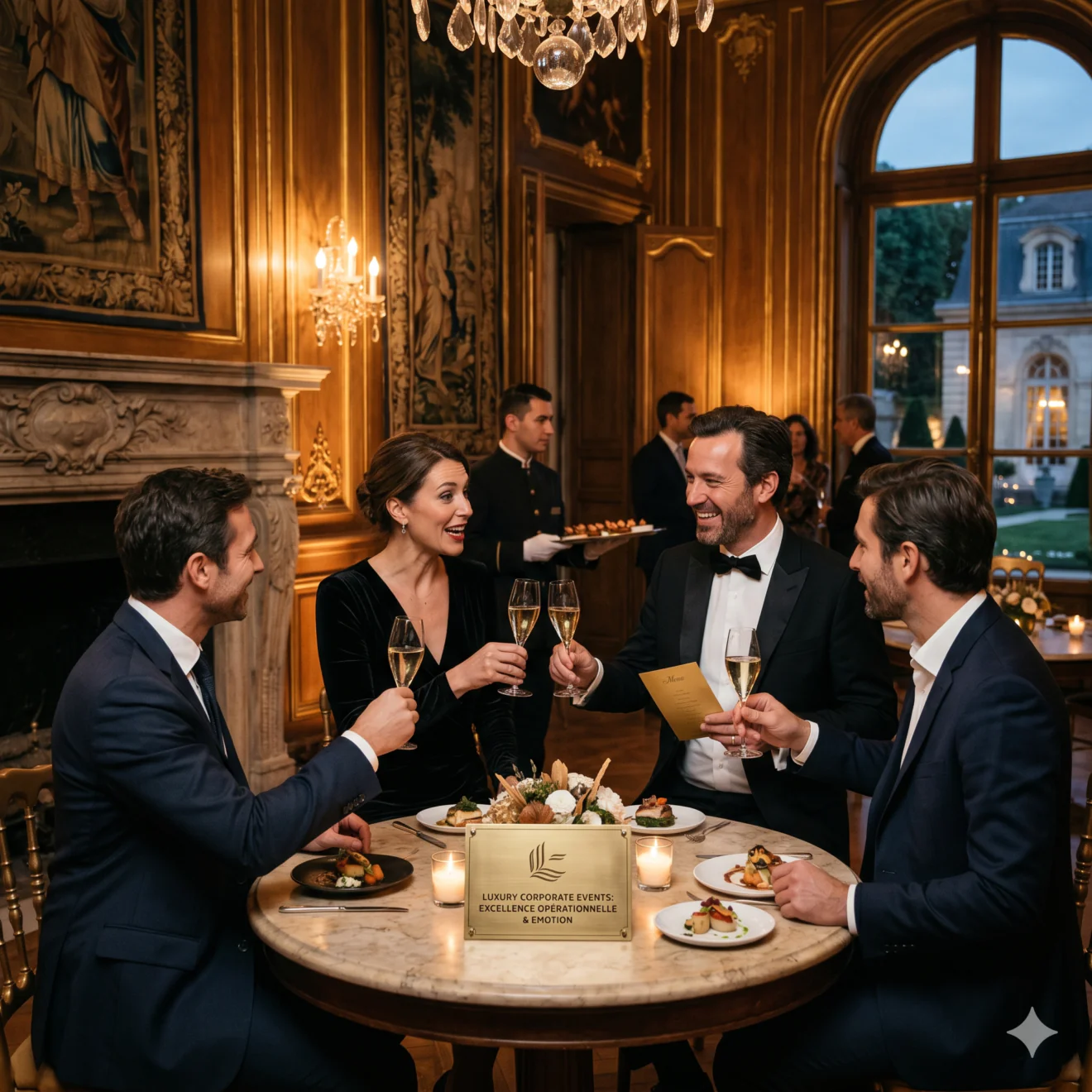 Dîner corporate haut de gamme entre quatre invités dans un salon historique aux boiseries dorées.