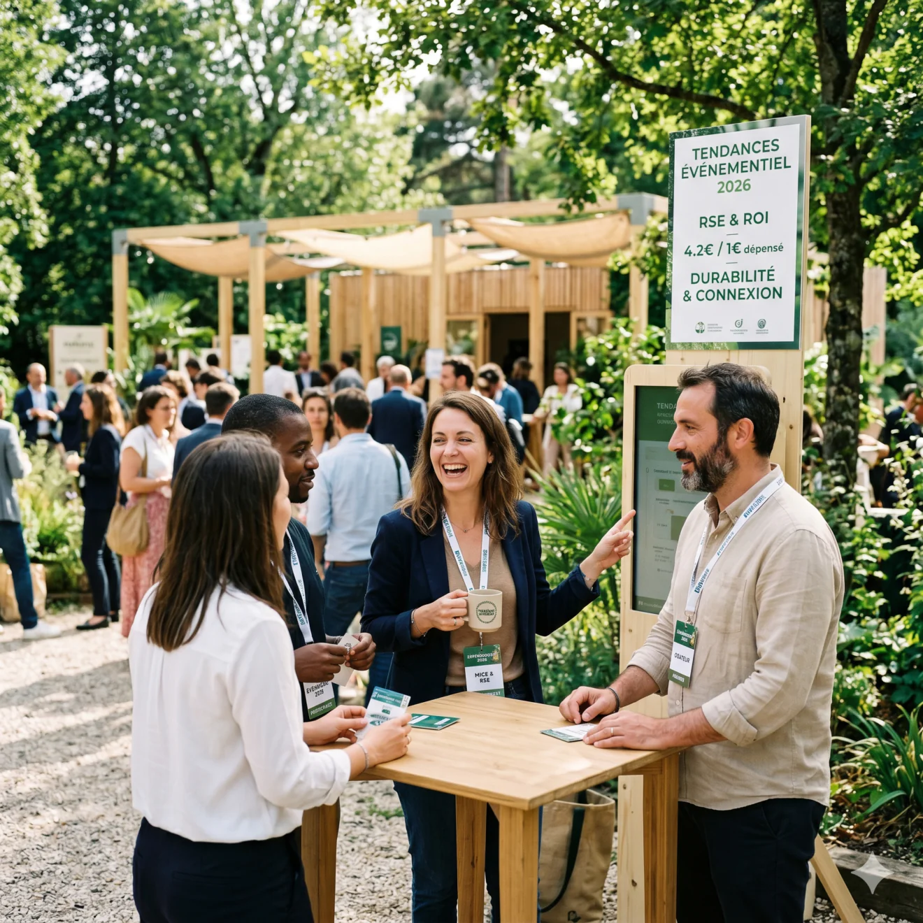 Réseau professionnel lors d'un événement écoresponsable en plein air avec affichage RSE/ROI.