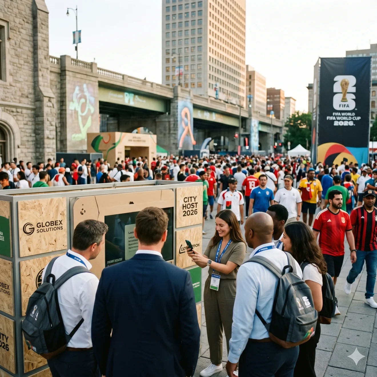 Une foule dense de visiteurs et de professionnels circule sur l'esplanade extérieure d'un grand événement sportif international en ville.