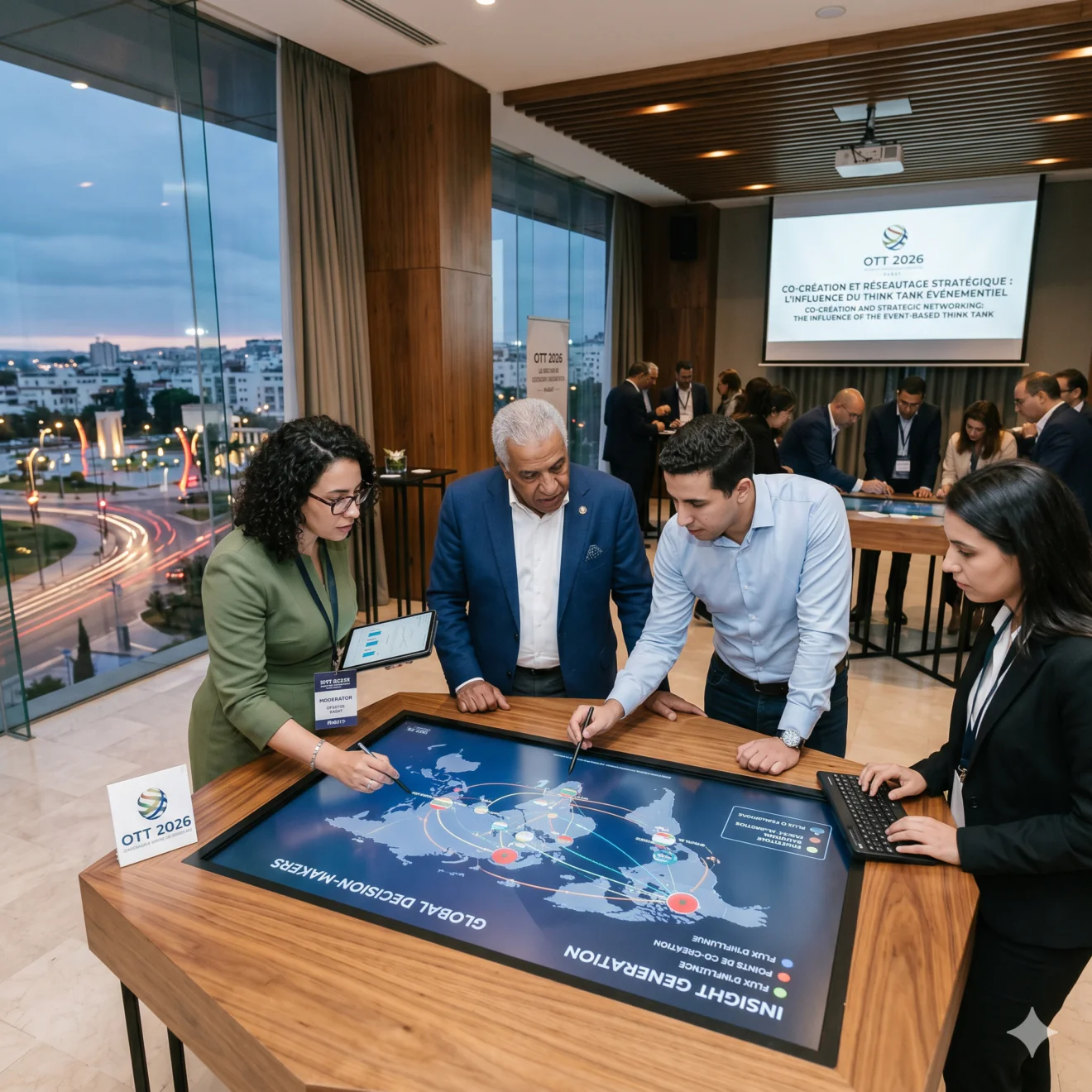 Des professionnels collaborent autour d'une grande table numérique affichant une carte mondiale lors d'une conférence corporate.