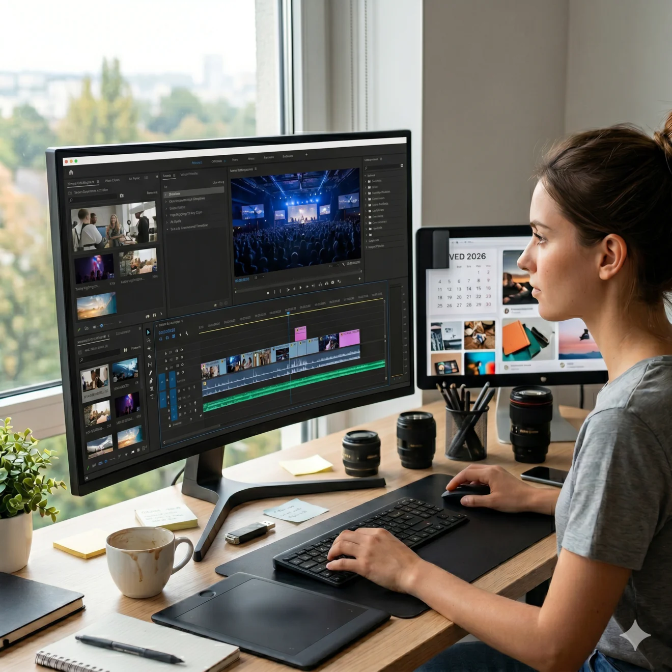 Une monteuse installée à son bureau devant un logiciel de post-production sur écran incurvé.