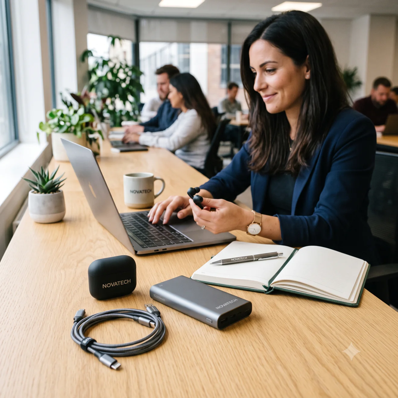 Écouteurs, batterie externe et accessoires tech sur un bureau en bois.