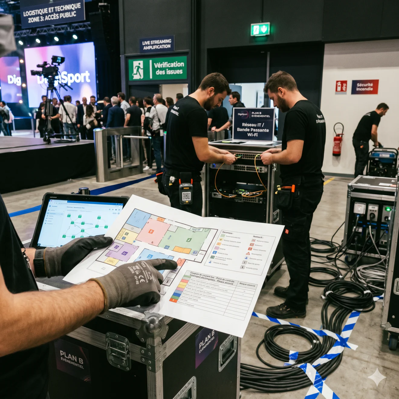 Des techniciens en t shirt noir configurent des serveurs informatiques et des câblages en coulisses, avec un plan technique au premier plan.
