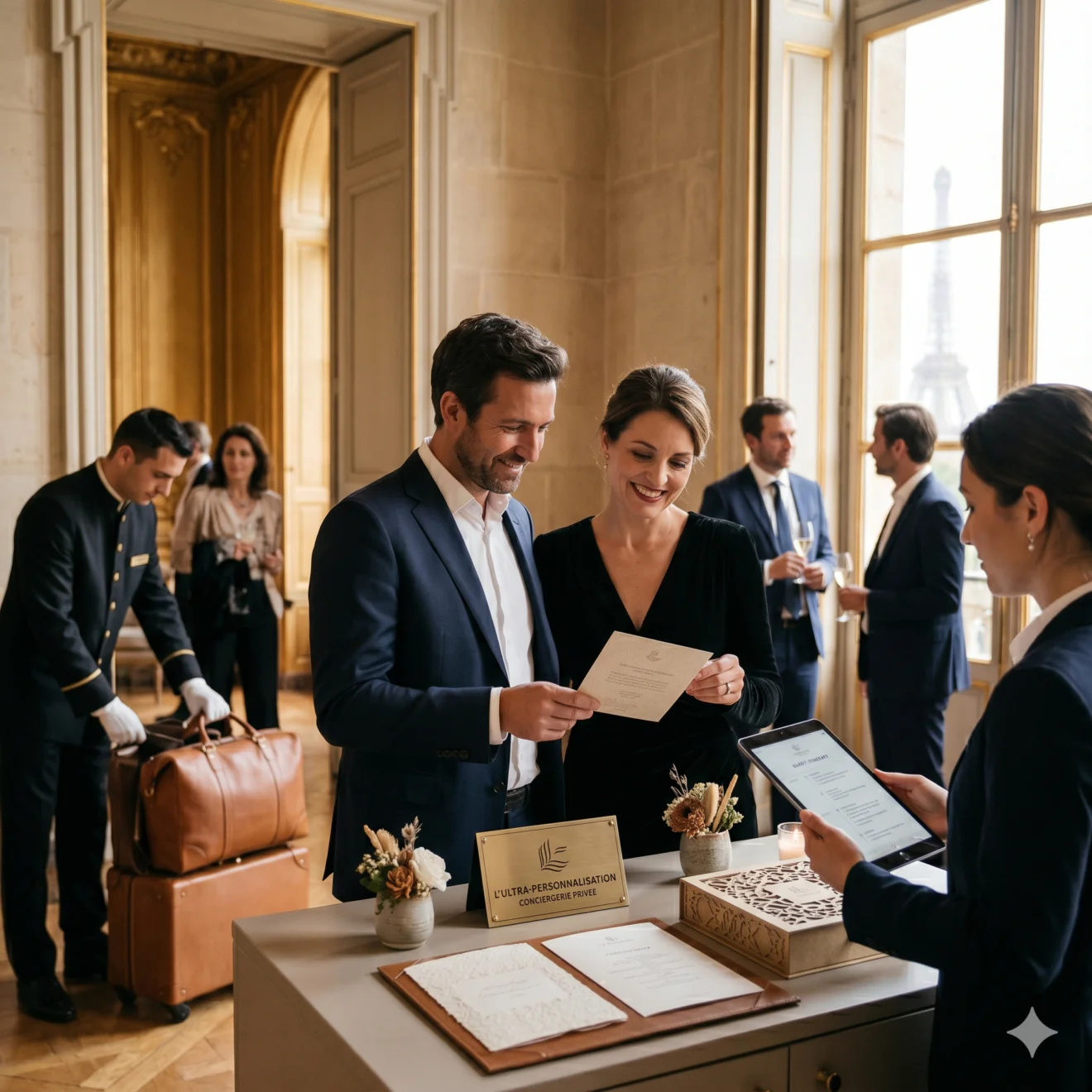 Accueil personnalisé de participants à un comptoir de conciergerie privée avec service de bagages de luxe.